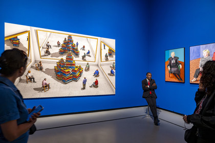 France, Paris, Bois de Boulogne, the Louis Vuitton Foundation by architect Frank Gehry, David Hockney exhibition 25, Spectators looking at a ready-made with skull and mirrors (2018)