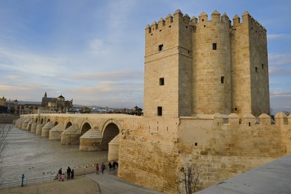 Espagne, Andalousie, Cordoue, centre historique classé Patrimoine Mondial de l'UNESCO, la Tour de la Calahorra, le pont romain sur le Guadalquivir du Ier siècle avant JC et la mosquée cathédrale en arrière plan