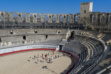 France, Bouches du Rhone, Arles, the Arena, a Roman amphitheater built around 80-90 AD, listed as World heritage by UNESCO, one of three remaining towers out of four built to make a fortress after the fall of the Roman Empire