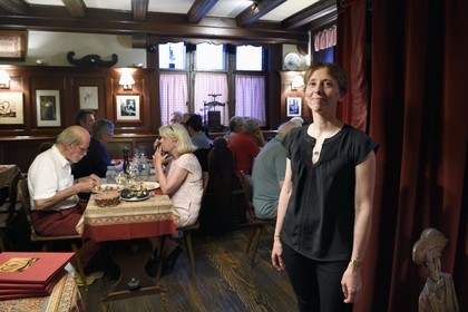 France, Bas Rhin, Strasbourg, old town listed as World Heritage by UNESCO, the winstub Chez Yvonne - S'Burjerstuewel in rue du Sanglier, directed by Marjolaine and Julien de Valmigere, portrait of Marjolaine de Valmigere