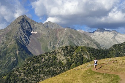 France, Hautes Pyrenees, Saint Lary Soulan and Vielle-Aure, hike on a variant of the GR10 between the Portet pass and the Bastan lakes on the edge of the Neouvielle nature reserve in the background