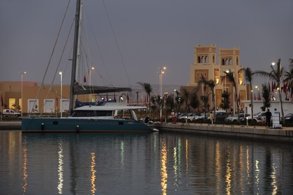 Morocco, Oriental Region, Mediterrania Saidia Seaside Resort, the port and the gate of the Medina Saidia Shopping arcade built as a traditional medina