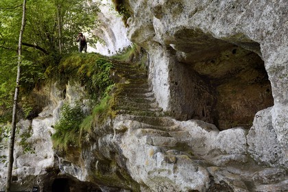 France, Dordogne, Perigord Noir, Vezere Valley, prehistoric site and decorated cave listed as World Heritage by UNESCO, Peyzac le Moustier, La Roque Saint Christophe Cliff, troglodytic site dating of the Prehistory, Rock shelters