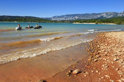 France, Var (83), Parc Naturel Régional du Verdon, lac de Sainte Croix, randonnée équestre avec Verdon Equitation, baignade des chevaux interdite depuis peu (octobre 2014)