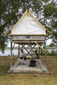 France, Maine-et-Loire, Loire valley listed as World Heritage by UNESCO, Montsoreau, Camping Isle verte, raised tent, accommodation for cyclists