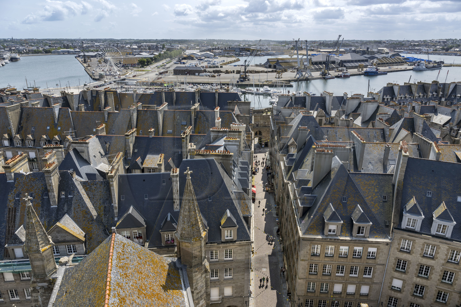 France, Ille et Vilaine, Cote d'Emeraude (Emerald Coast), Saint-Malo intramural, view of the city from the top of the cathedral bell tower, the Grand' Porte and the ramparts at the end of the Grand rue, the Vauban basin in the commercial port in the background