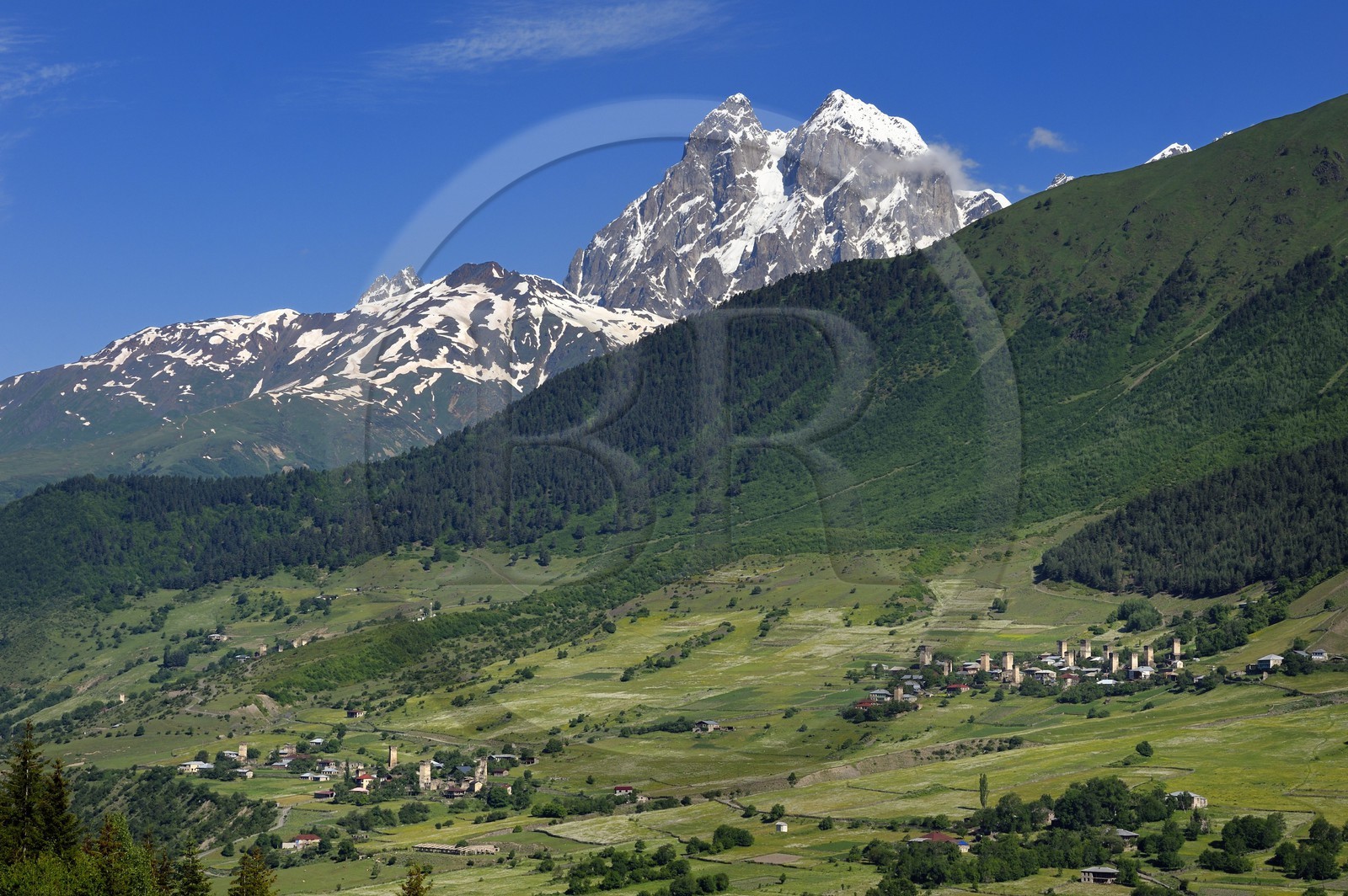 Géorgie, Haute Svanétie (Zemo Svaneti), région de Mestia, village de Mulakhi, tours défensives Svanes et le mont Ouchba (Ushba) en arrière plan