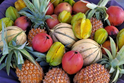 France, Reunion Island, Southern coast, Grande Anse, Palm Hotel, basket of exotic fruits
