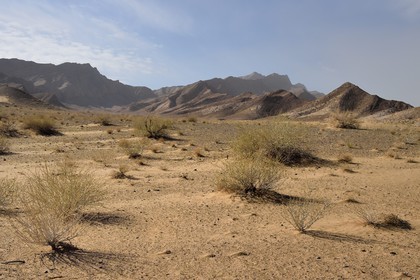 Iran, Province d'Ispahan, désert du Dasht-e Kavir, le désert lors d'un vent de sable au pied des montagnes vers l'oasis d'Arousan dans la région de Khur et Biabanak