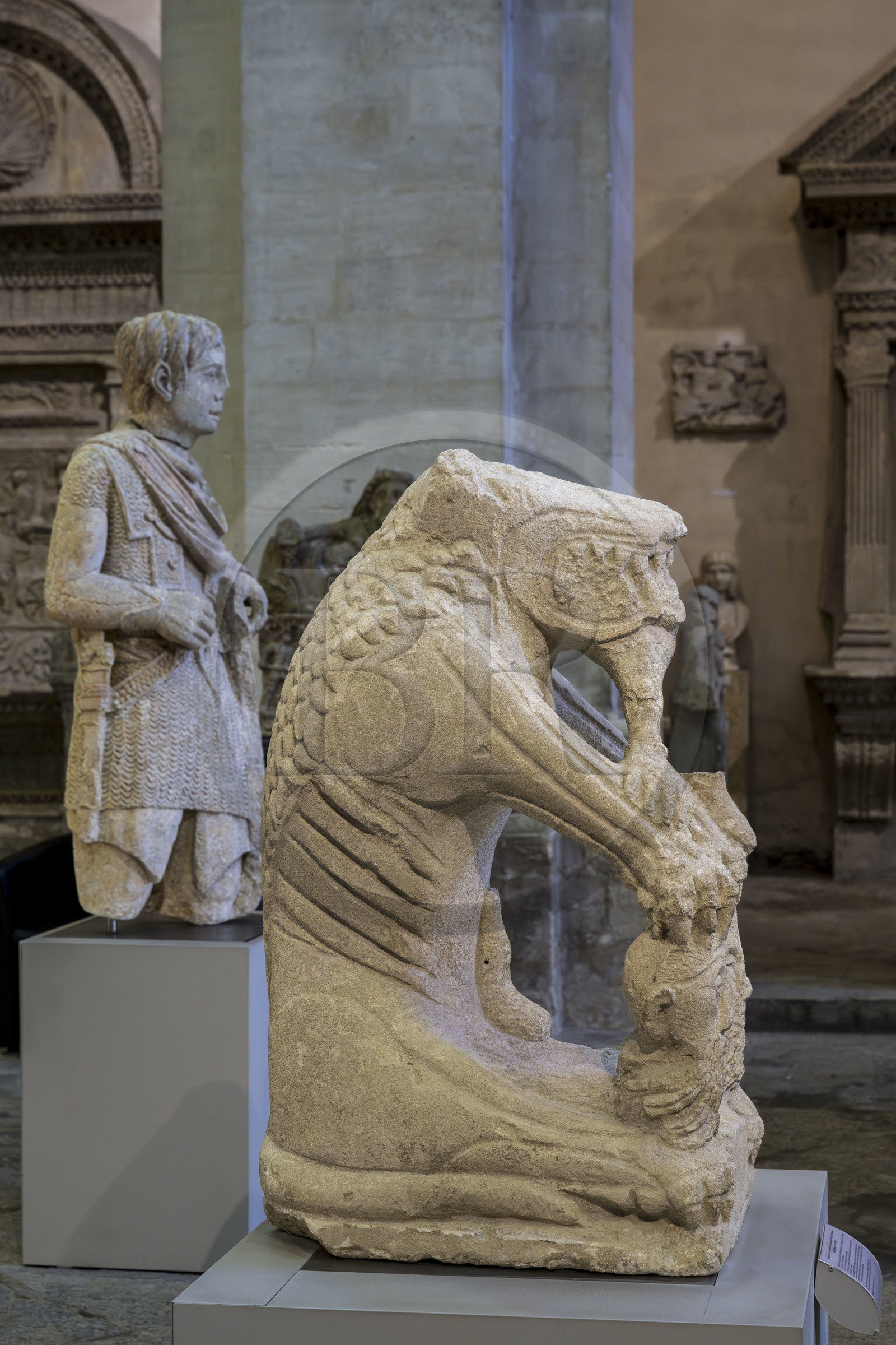 France, Vaucluse (84), Avignon, Musée Lapidaire installé dans une ancienne chapelle du collège des jésuites, collections archéologiques du musée Calvet, statue d'une créature fabuleuse androphage ithyphallique, probable oeuvre funéraire gauloise du Ier siècle av. J.C.