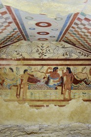 Italy, Lazio, Province of Viterbo, Tarquinia, Ancient Etruscan necropolis Monterozzi (Necropoli dei Monterozzi) listed as World Heritage by UNESCO, Tomb of the Leopards (Tomba dei Leopardi)