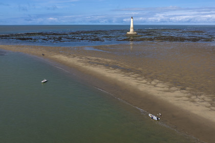 France, Gironde, Verdon sur Mer, rocky plateau of Cordouan at low tide, lighthouse of Cordouan, listed as World Heritage by UNESCO (aerial view)
