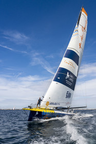 France, Vendee, Les Sables d'Olonne, skipper Manuel Cousin training on his 60-foot monohull sailboat IMOCA Coup de Pouce