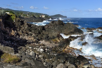 France, Ile de la Reunion, Saint-Pierre, Grands Bois, la côte de roches noires basaltiques d'origine volcanique tourmentées par l'océan