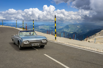 France, Vaucluse, Parc Naturel Regional du Mont Ventoux, Bedoin, 1960s vintage car on the D974 at the summit of Mont Ventoux (1910m)