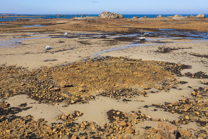 France, Côtes-d'Armor (22), Côte d'Ajoncs, Plougrescant, Anse de Pors (Porz) Scaff à marée basse (vue aérienne)