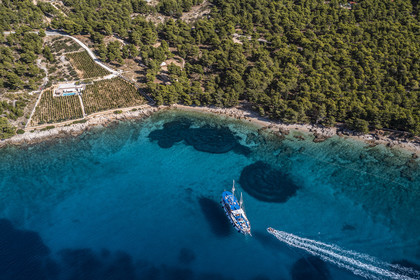 Croatie, Dalmatie, cote dalmate, Ile de Brac, Bol, un bateau de croisière en bordure de la plage de Zlatni Rat (vue aérienne)