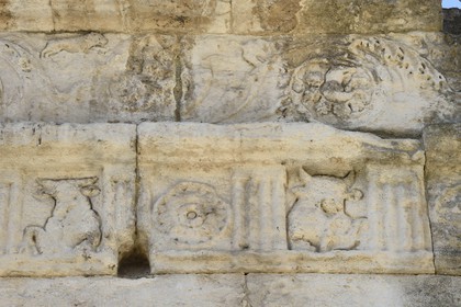 France, Bouches du Rhone, Arles, the Roman theater 1st century BC, listed as World Heritage by UNESCO, bull motifs that decorate the enclosure