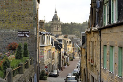 France, Manche, Villedieu les Poeles, Dr Havard Street and Notre Dame church