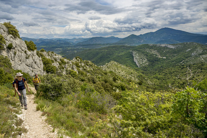 France, Vaucluse, Dentelles de Montmirail mountains, hikers on the ridges of Saint-Amand at Pousterle also called Pas du Loup on the GR 4, Mont Ventoux in the background