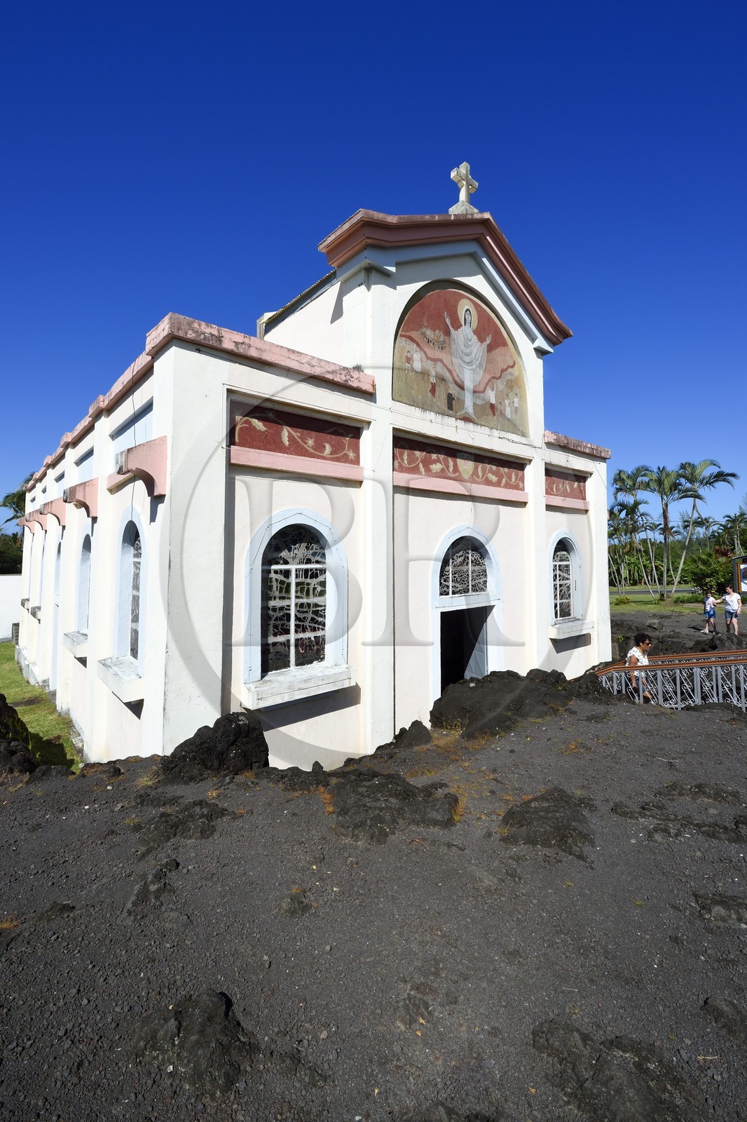 France, Reunion island (French overseas department), Piton Sainte Rose, Notre-Dame-des-Laves church spared by the lava flow solidified today that stopped on his porch during an eruption of the Piton de la Fournaise volcano occurred in 1977