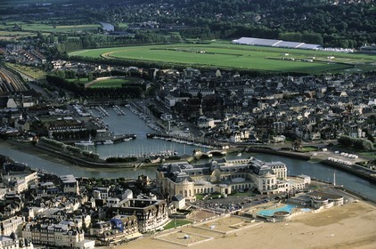France, Calvados, Pays d'Auge, Trouville, Casino at the mouth of the touques river (aerial view)