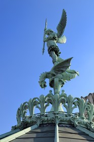 France, Rhone, Lyon, historical site listed as World Heritage by UNESCO, the statue of the Archangel Saint Michael slaying the dragon sculpted by Millefaut on the apse of the the Notre Dame de Fourviere Basilica