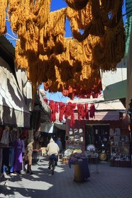 Morocco, High Atlas, Marrakech, Imperial city, Medina listed as World Heritage by UNESCO, shops in the dyers souk, wool drying
