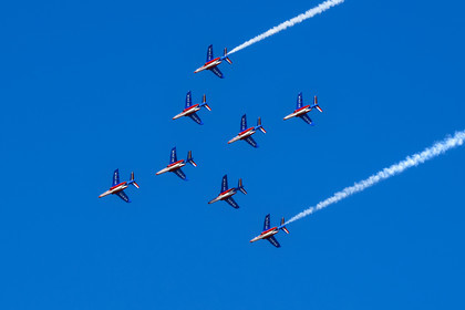 France, Bouches du Rhone, Salon de Provence, air base 701, base of the Patrouille de France (PAF for Patrouille acrobatique de France) of the French Air and Space Force, Alphajet aircraft fly in Dard formation
