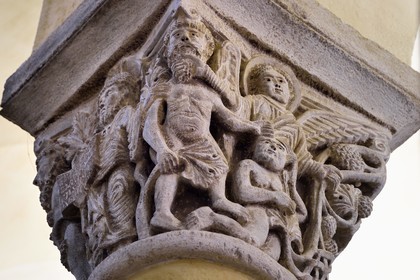 France, Puy de Dome, Clermont Ferrand, Notre-Dame-du-Port basilica in Auvergne Romanesque style, listed as a UNESCO World Heritage Site under the Routes of Saint-Jacques-de-Compostelle in France, choir capital representing Adam and Eve driven out of earthly Paradise