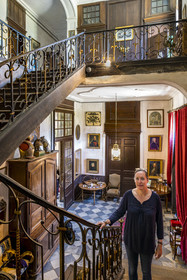 France, Ille et Vilaine, Cote d'Emeraude (Emerald Coast), Saint Malo, malouinière de la Chipaudière built by shipowner and privateer François-Auguste Magon de la Lande at the beginning of the 18th century, Chloé Magon de la Giclais in the main staircase, owner with her husband Benoit