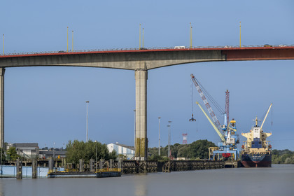 France, Loire Atlantique, Nantes, the Cheviré Bridge crossing the Loire river and the quays of the commercial port of Nantes in Cheviré