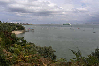 France, Loire-Atlantique (44), Estuaire de la Loire, Saint-Nazaire, plage de Trébézy en bordure du chemin de Grande Randonnée GR 34 et cargo passant au large