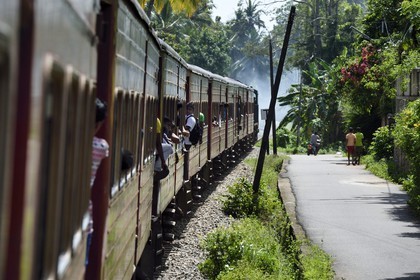 Sri Lanka, Province du Sud, train de Colombo à Galle, passagers accrochés aux portières vers Richmond Hill