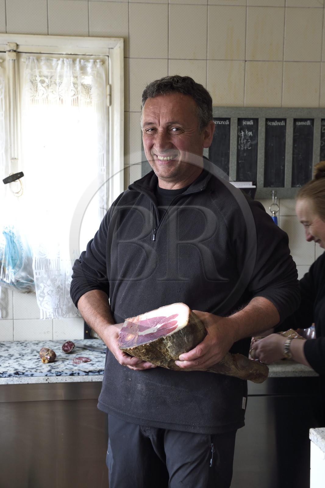 France, Corse du Sud, Prunelli river valley, Bastelica, Pascal Valentini who makes his own charcuterie and manages the hotel restaurant Chez Paul