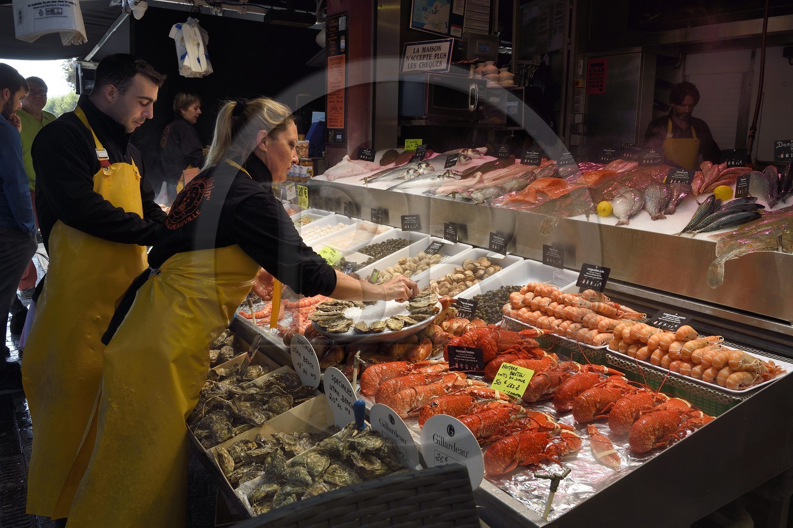 France, Calvados (14), Pays d'Auge, Trouville-sur-Mer, la halle aux poissons, étal de fruits de mer