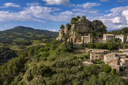 France, Vaucluse, Dentelles de Montmirail mountains, the hilltop village of La Roque-Alric and the summit of the Saint Amand ridge in the background (aerial view)