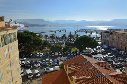France, Corse du Sud, Ajaccio, building in the city center square Cesar Campinchi  and ferry boat at dock