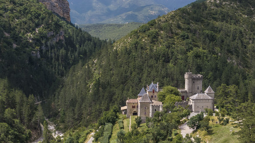 France, Drome, regional natural park of Baronnies provencales, Aulan, castle (12th century rebuilt 19th century), the Aulan gorges alongside the Toulourenc river (aerial view)