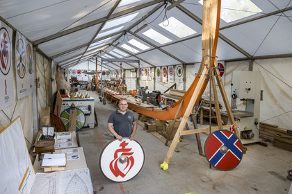 France, Vendee, L'Ile d'Olonne next to Les Sables d'Olonne, chantier Drakkar de Vendée qui est une reproduction du Drakkar de Gokstad, son créateur et président de l'association Philippe Renaudet
