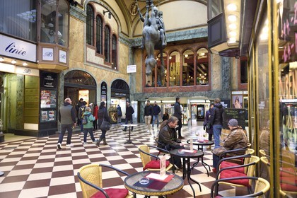 Czech Republic, Prague, historical centre listed as World Heritage by UNESCO, New Town (Nove mesto), shopping arcade of Lucerna Palace, Statue of St Venceslas by sculptor David Cerny