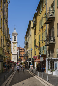 France, Alpes-Maritimes, Nice, listed as World Heritage by UNESCO, Old Nice, Rue Rossetti and the bell tower of the Sainte Reparate Cathedral in the background