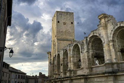 France, Bouches du Rhone, Arles, the Arena, a Roman amphitheater built around 80-90 AD, listed as World heritage by UNESCO, one of three remaining towers out of four built to make a fortress after the fall of the Roman Empire