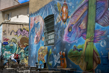 France, Bouches-du-Rhône (13), Marseille, quartier du Panier, peintures murales et graffitis dans la rue Saint-Antoine