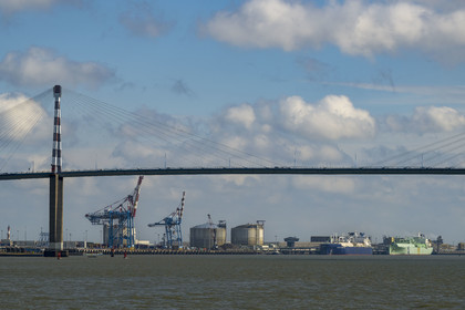 France, Loire Atlantique, Estuaire de la Loire, Saint Nazaire, the Saint-Nazaire bridge and the Grand port maritime de Nantes-Saint-Nazaire in the background