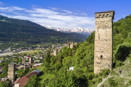 Georgia, Upper Svaneti (Zemo Svaneti), Mestia, Svan defensive towers erected next to the houses (aerial view)