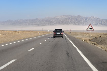 Iran, Province de Yazd, désert du Dasht-e Kavir, région de Ardakan, panneau indicateur de traversée de Chameau, les dromadaires sont responsables de nombreux accidents notamment de nuit sur les routes
