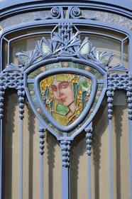 France, Meurthe-et-Moselle, Nancy, Ecole de Nancy Museum in the former estate of Eugene Corbin, stained glass window on the front door
