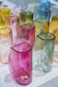 France, Moselle, Meisenthal, the shop of the Centre international d'Art verrier (CIAV) (international glass centre), the candle jar Toboggan designed by Thomas Schnur