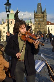 Czech Republic, Prague, historical centre listed as World Heritage by UNESCO, violinists concert on the Charles Bridge over Vltava River